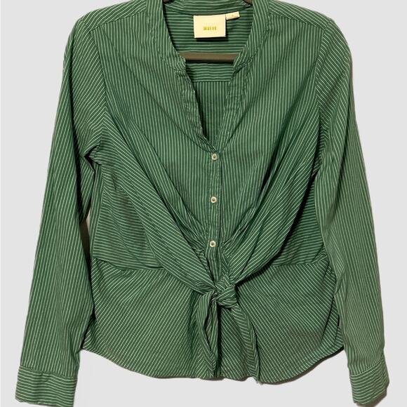 Anthropologie Maeve Front Tie Blouse Green Stripe Stretch Button Down Size 8 - Picture 2 of 7